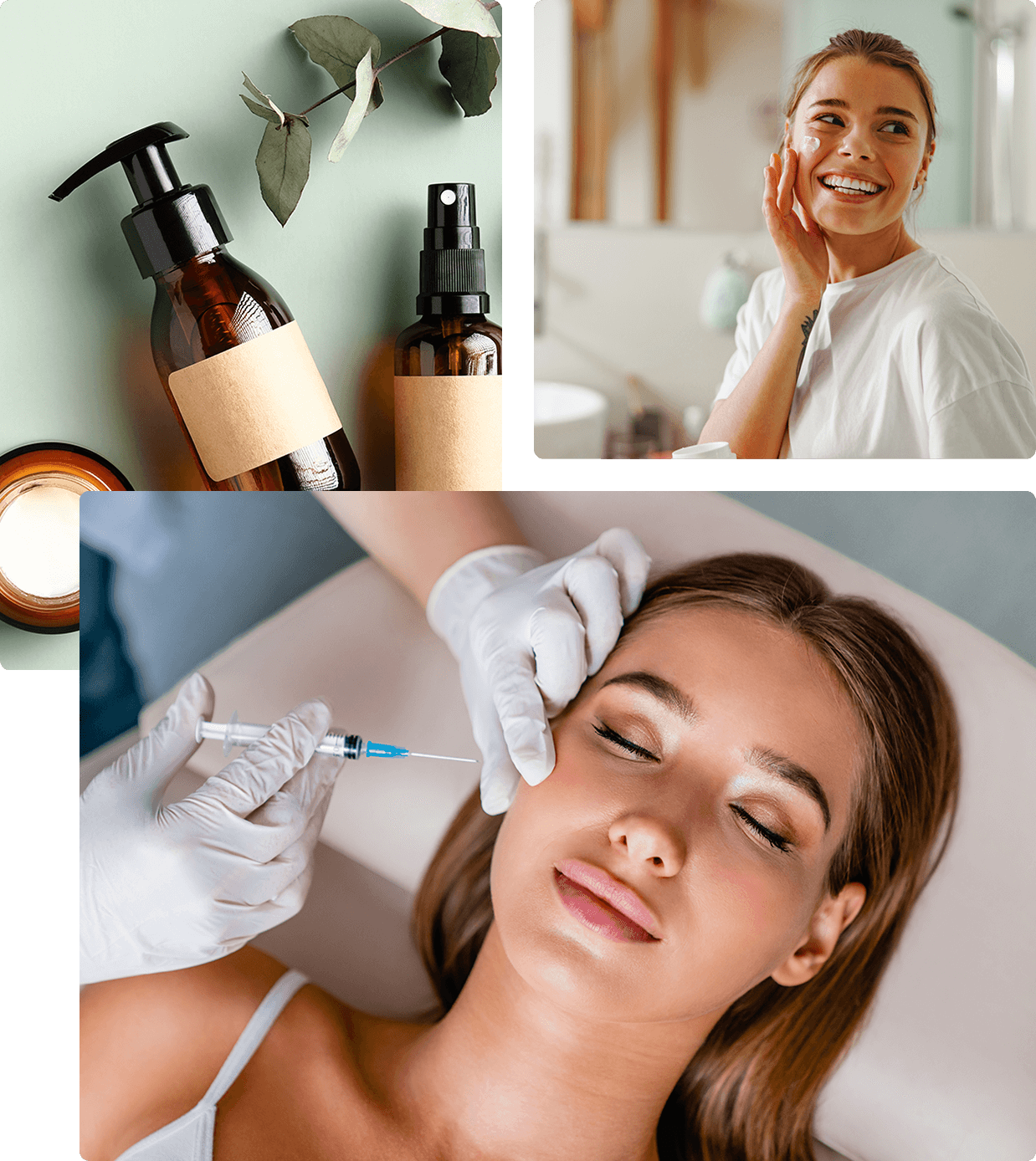 A collage of women with medical equipment and an image of the woman getting her face waxed.